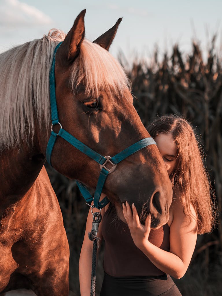 A woman affectionately interacting with a horse in an outdoor setting, evoking a serene bond with nature.